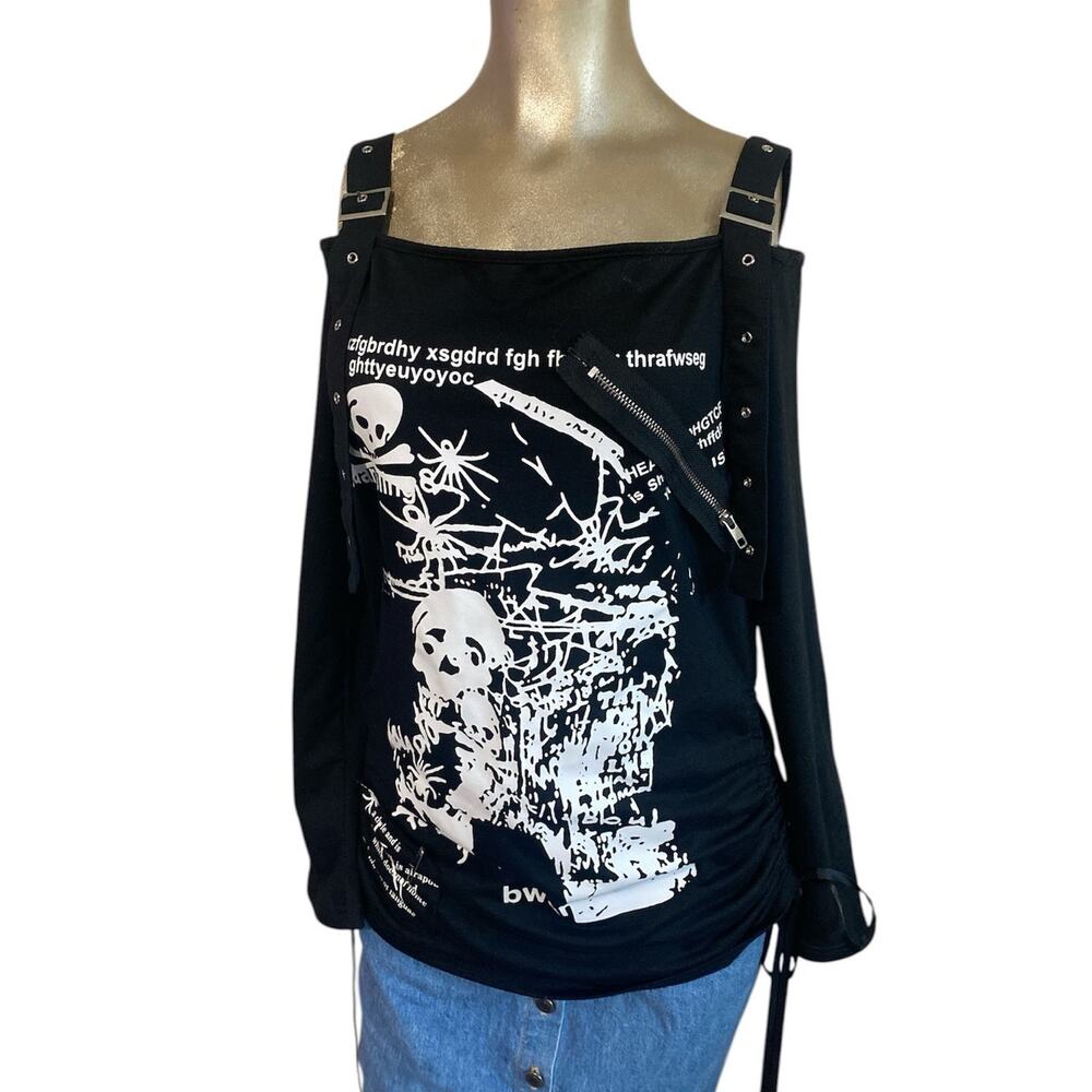 Mall Goth Punk Graphic Top Black Ruched Off Shoulder Grommet Strap Tee M